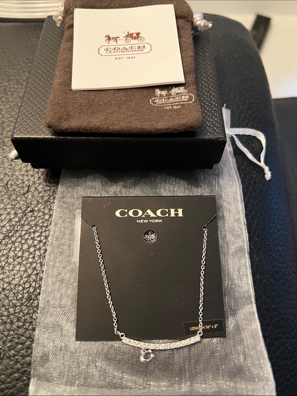 COACH Silver Pave Curved Bar Necklace with Tiny C Charm